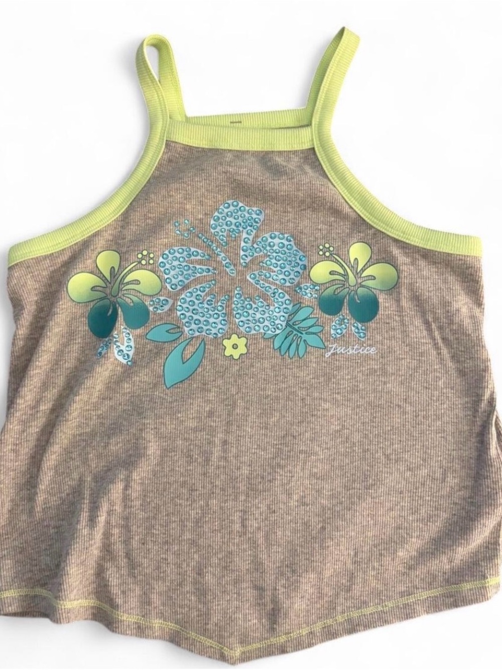 Y2K Justice  Ribbed Tank with Lime Trim and Turquoise Floral Design